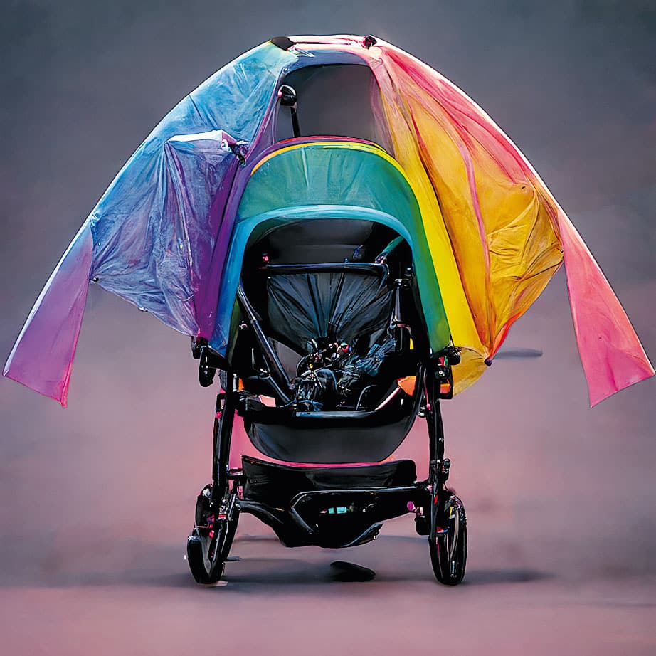 Kreative Höhenflüge dank KI am Beispiel eines Regenbogenkinderwagens