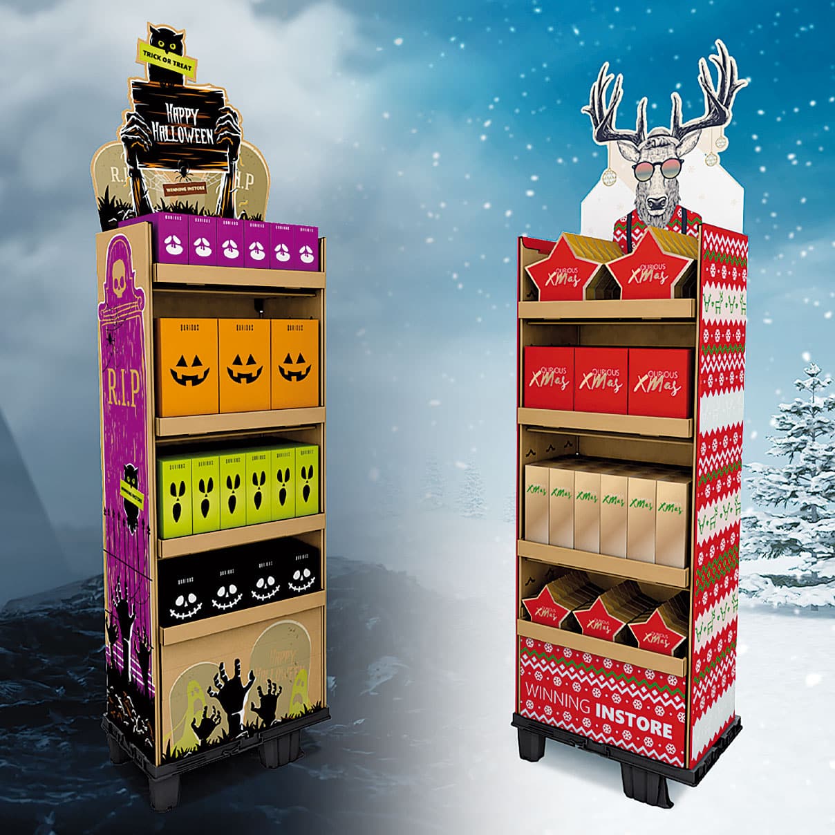 Halloween oder Weihnachten, das Dressable Shelf- Display der STI Group beispielsweise kann im Handumdrehen umdekoriert werden.