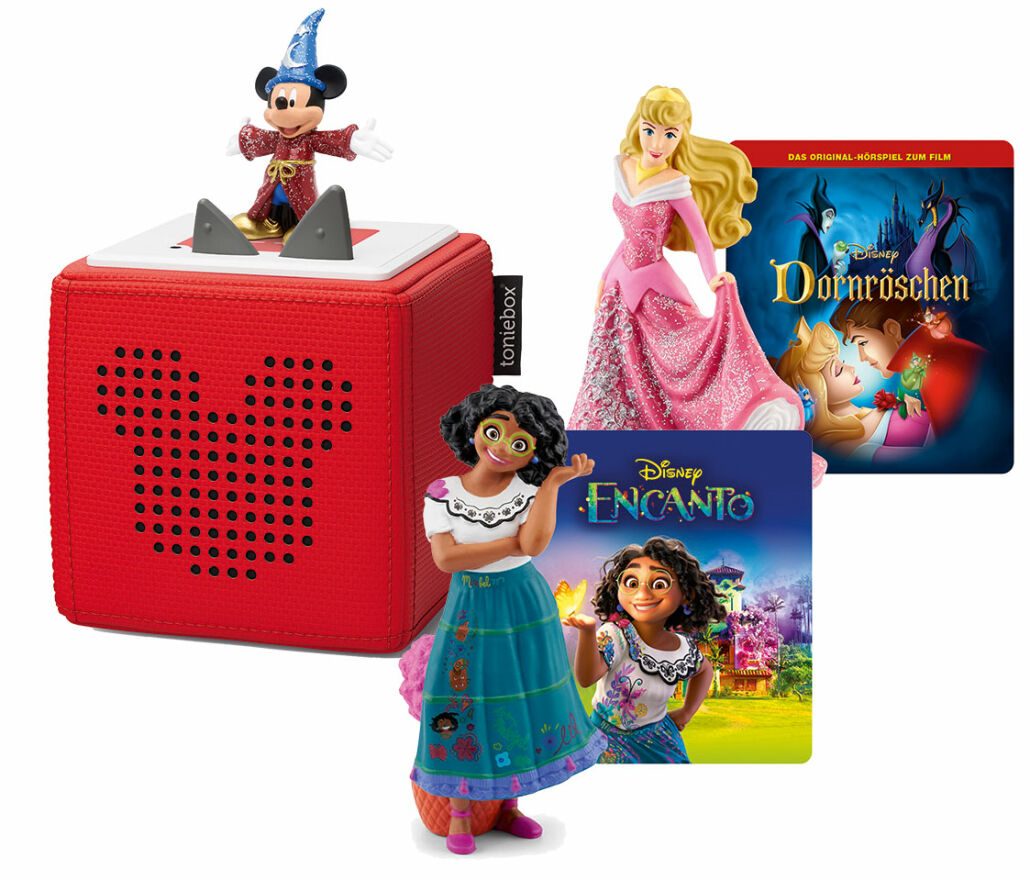 Anlässlich des diesjährigen 100-jährigen Jubiläums von Disney launcht tonies neben weiteren Neuheiten erstmals eine limitierte Sonderedition der roten Toniebox mit einer exklusiven Lochung des Micky Maus Kopfes statt des bekannten tonies Logos