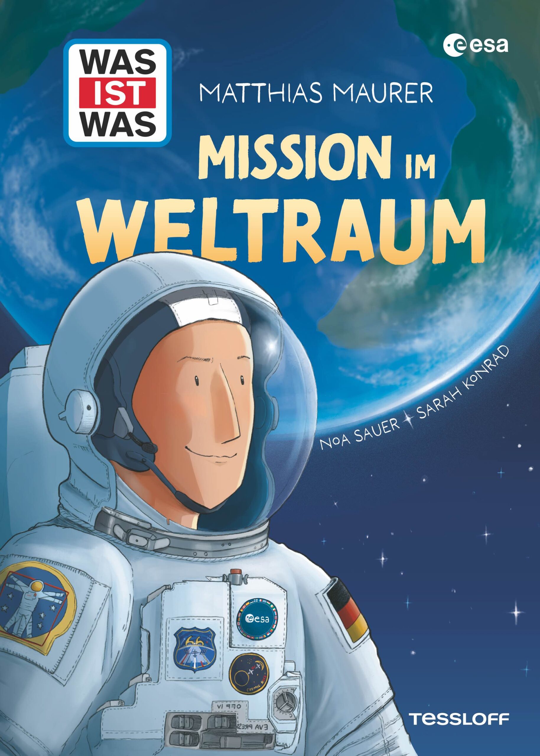 Buchcover im Comic-Stil mit einem Astronauten vor dem Planeten Erde