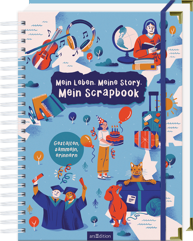 Das Buchcover zeigt eine lebendige, bunte Illustration auf hellblauem Hintergrund. Verschiedene liebevoll gestaltete Motive wie Musikinstrumente, Feiern und eine Katze umgeben den zentralen Titel „Mein Leben. Meine Story. Mein Scrapbook“ in großen weißen Buchstaben. Darunter steht in kleinerer Schrift der Untertitel „Gestalten, sammeln, erinnern“. Die Atmosphäre ist fröhlich und einladend. Ganz unten mittig steht der Logoschriftzug von arsEdition.